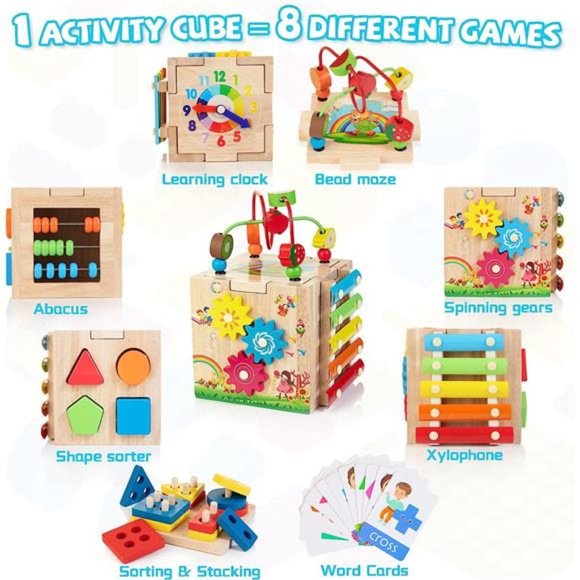 Wooden Activity Cube | 8-in-1 Montessori Toys for 12M+ Toddlers, One Year Old - Picture 6 of 7